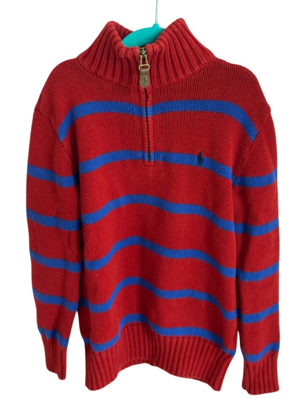 Polo by Ralph Lauren Red Sweater with Blue Stripes Half-Zip